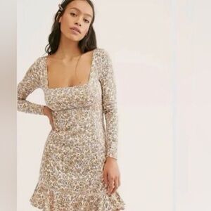 Free People Boheme Prairie Ivory Combo Floral Flounce Mini Dress Long Sleeve